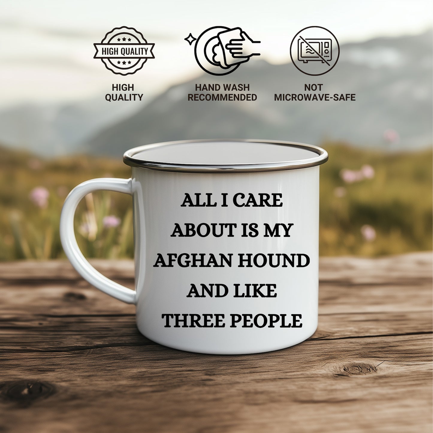 Afghan Hound Dog Lovers Christmas Unique Gift, Camping Mug with Funny Quote 'All I Care About Are My Afghan Hound And Like Three People', 12 oz Stainless Steel with Enamel Finish - Mallard Moon Gift Shop