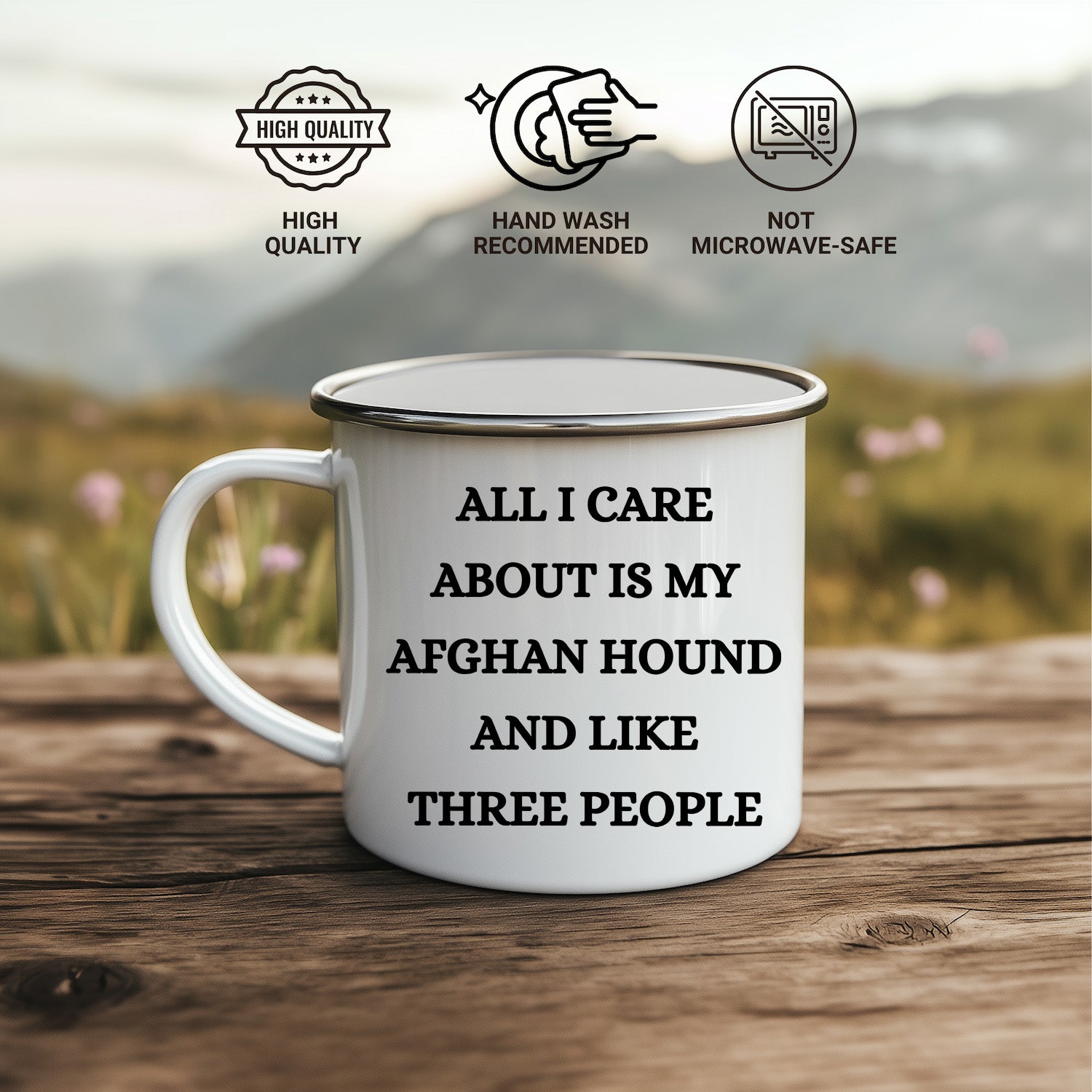 Afghan Hound Dog Lovers Christmas Unique Gift, Camping Mug with Funny Quote 'All I Care About Are My Afghan Hound And Like Three People', 12 oz Stainless Steel with Enamel Finish - Mallard Moon Gift Shop