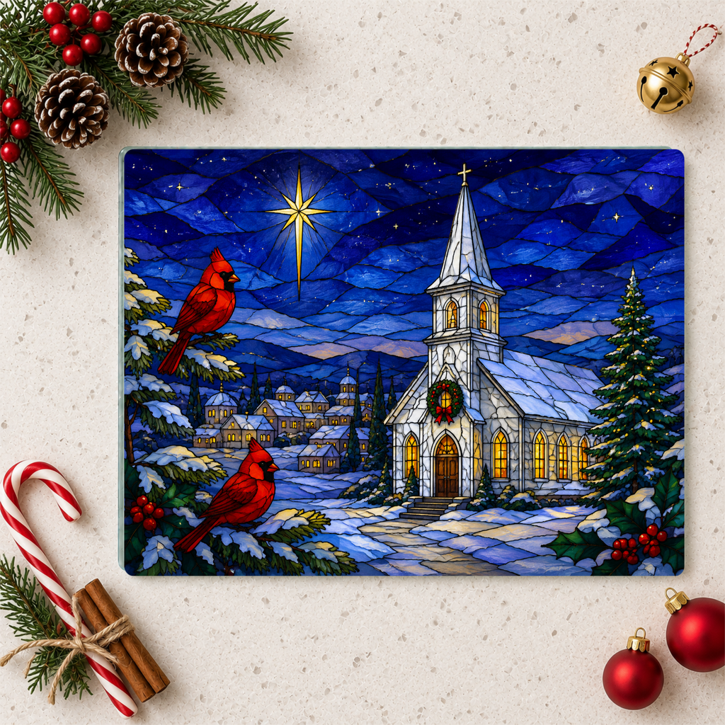 Christmas Church Glass Cutting Board, Cardinal Stained Glass Decor, Christian Christmas Kitchen Gift, Religious Holiday Decor