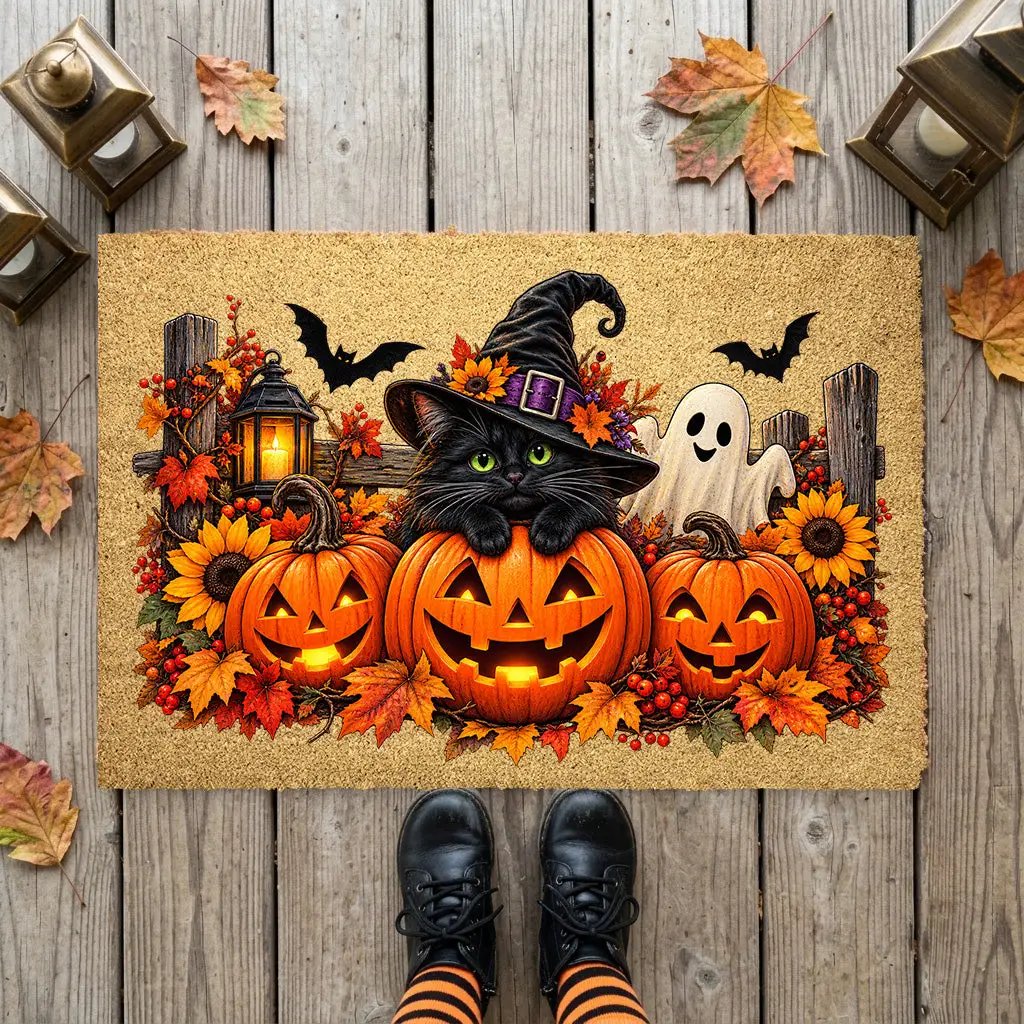 Halloween Cat Doormat, Black Cat Pumpkin Coir Mat, Cute Ghost Welcome Mat, Witch Cat Fall Porch Decor, Spooky Halloween Door Mat