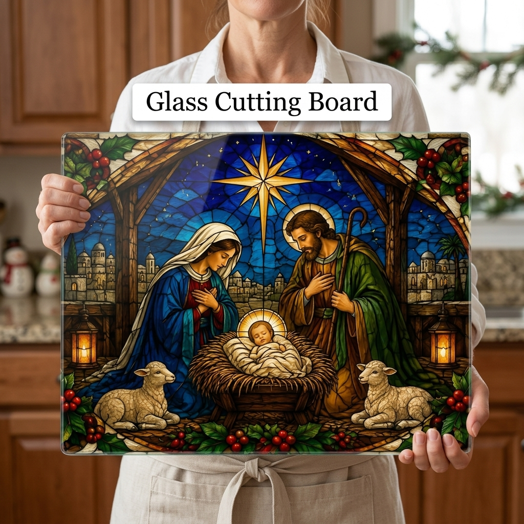Nativity Glass Cutting Board, Christian Christmas Decor, Manger Scene Cutting Board, Religious Christmas Gift, Stained Glass Nativity