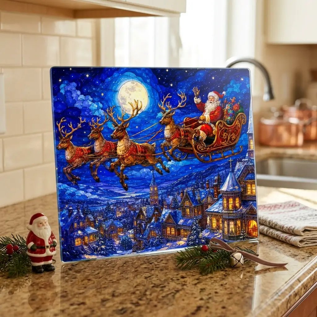 Santa Sleigh Glass Cutting Board, Reindeer Christmas Kitchen Decor, Christmas Eve Serving Board, Stained Glass Santa Gift, Holiday Decor