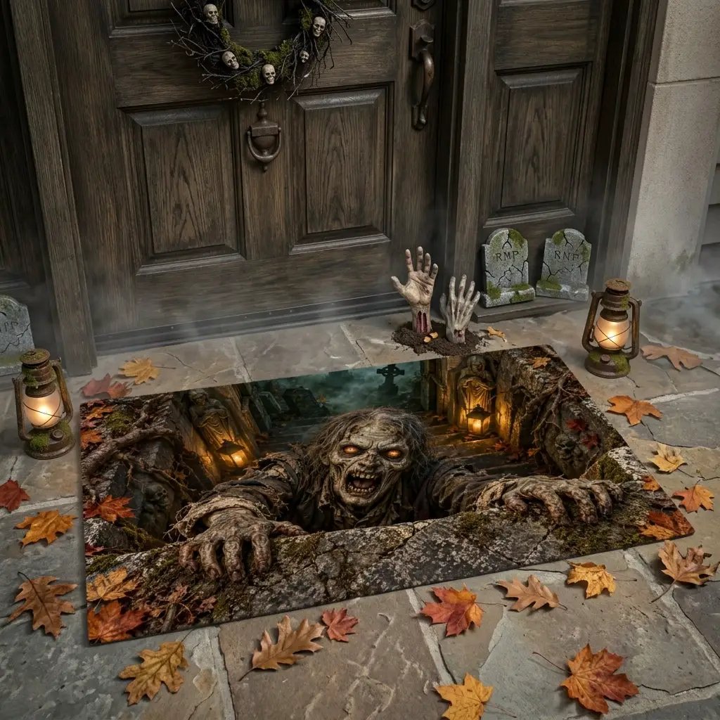 Zombie 3D Illusion Doormat, Graveyard Halloween Door Mat, Undead Zombie Welcome Mat, Haunted Crypt Optical Illusion, Spooky Porch Decor
