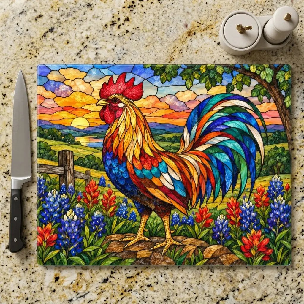 Rooster Glass Cutting Board, Bluebonnet Kitchen Decor, Colorful Farmhouse Rooster Art, Country Wildflower Decor, Stained Glass Gift