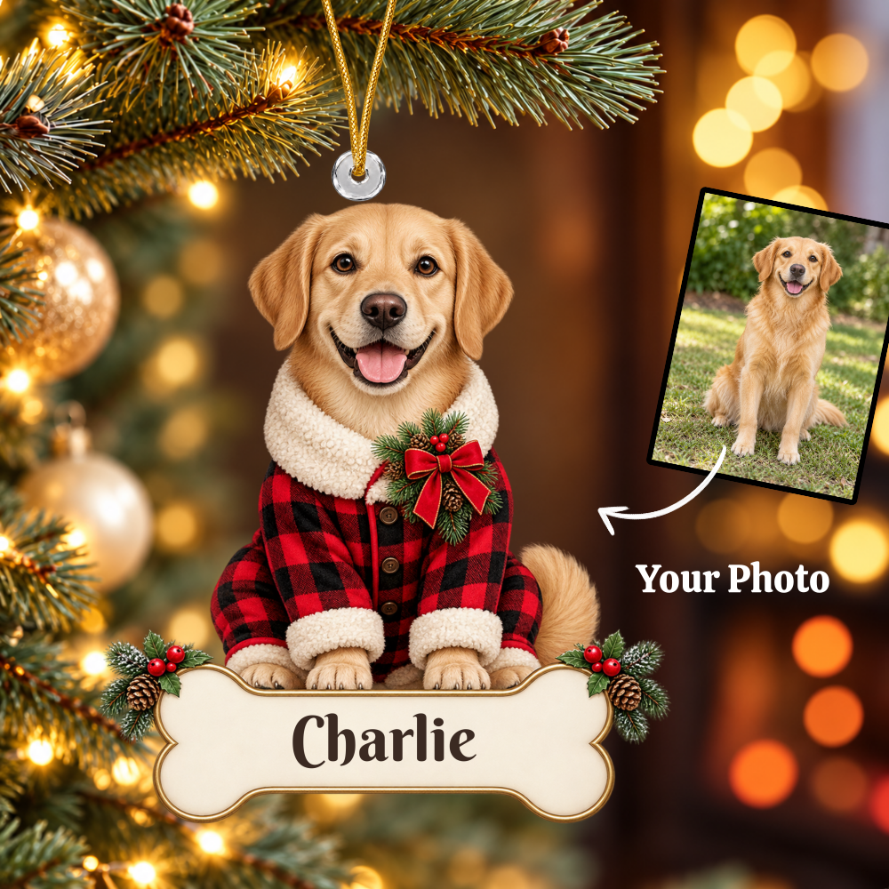 Personalized Dog Buffalo Plaid Pajamas Christmas Ornament from Photo, Custom Pet Portrait Acrylic Ornament, Rustic Holiday Dog Lover Gift