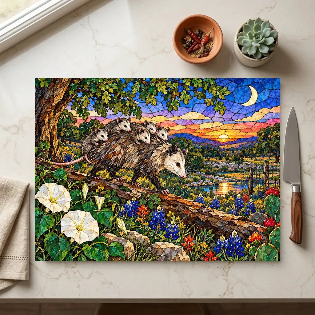 Possum Family Glass Cutting Board, Opossum Mom and Babies Gift, Texas Wildlife Kitchen Decor, Possum Lover Gift, Country Kitchen Art