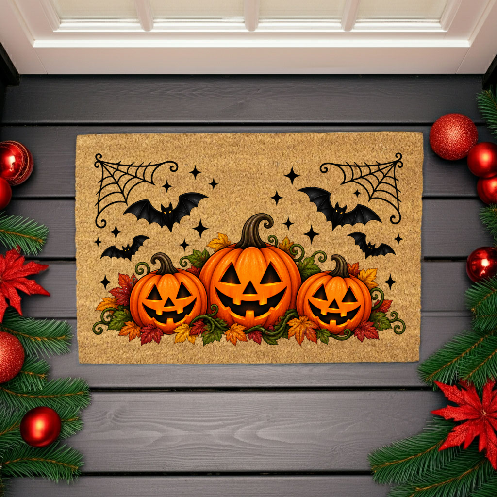 Halloween Pumpkin Doormat, Jack O Lantern Coir Welcome Mat, Fall Front Porch Decor, Spooky Bat Door Mat, Autumn Halloween Entryway