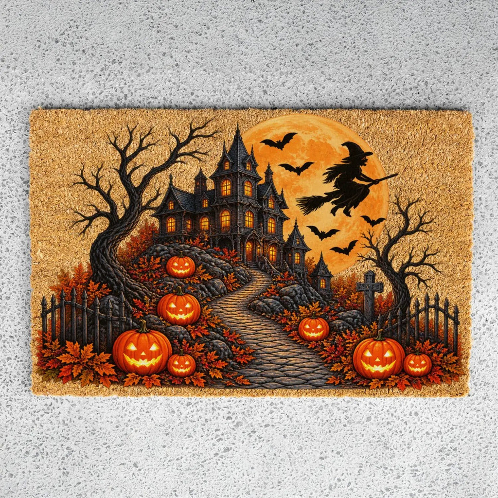 Haunted House Doormat, Halloween Witch Welcome Mat, Spooky Mansion Coir Doormat, Jack O Lantern Door Mat, Gothic Halloween Porch Decor