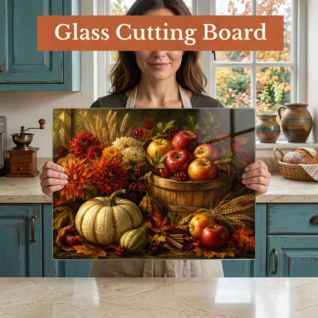 Apple Harvest Glass Cutting Board, Fall Farmhouse Kitchen Decor, Pumpkin Apple Cutting Board, Autumn Kitchen Gift