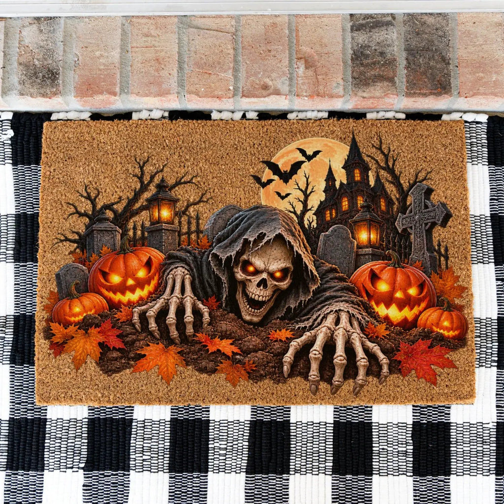 Creepy Skeleton Doormat, Grim Reaper Halloween Coir Mat, Scary Jack O Lantern Welcome Mat, Haunted House Spooky Porch Decor