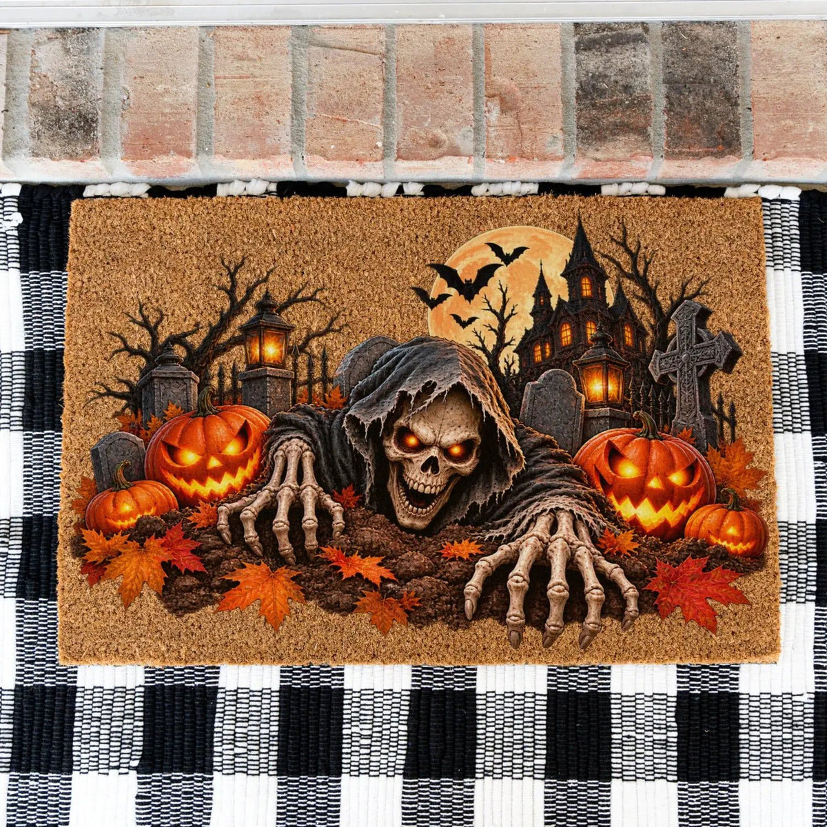 Creepy Skeleton Doormat, Grim Reaper Halloween Coir Mat, Scary Jack O Lantern Welcome Mat, Haunted House Spooky Porch Decor