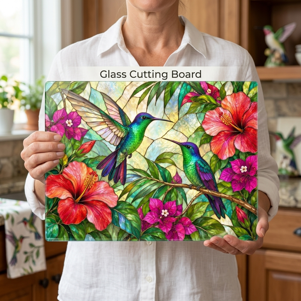 Hummingbird Cutting Board, Stained Glass Bird Decor, Tropical Hibiscus Kitchen Decor, Colorful Hummingbird Gift, Nature Lover Gift