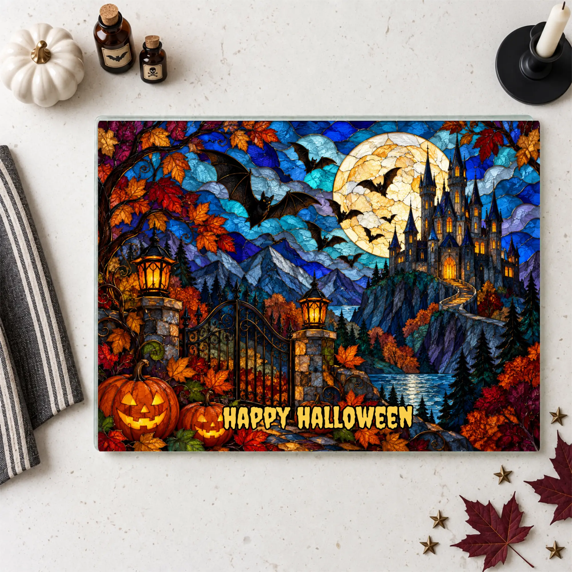 Halloween Castle Personalized Glass Cutting Board, Gothic Haunted House Kitchen Decor