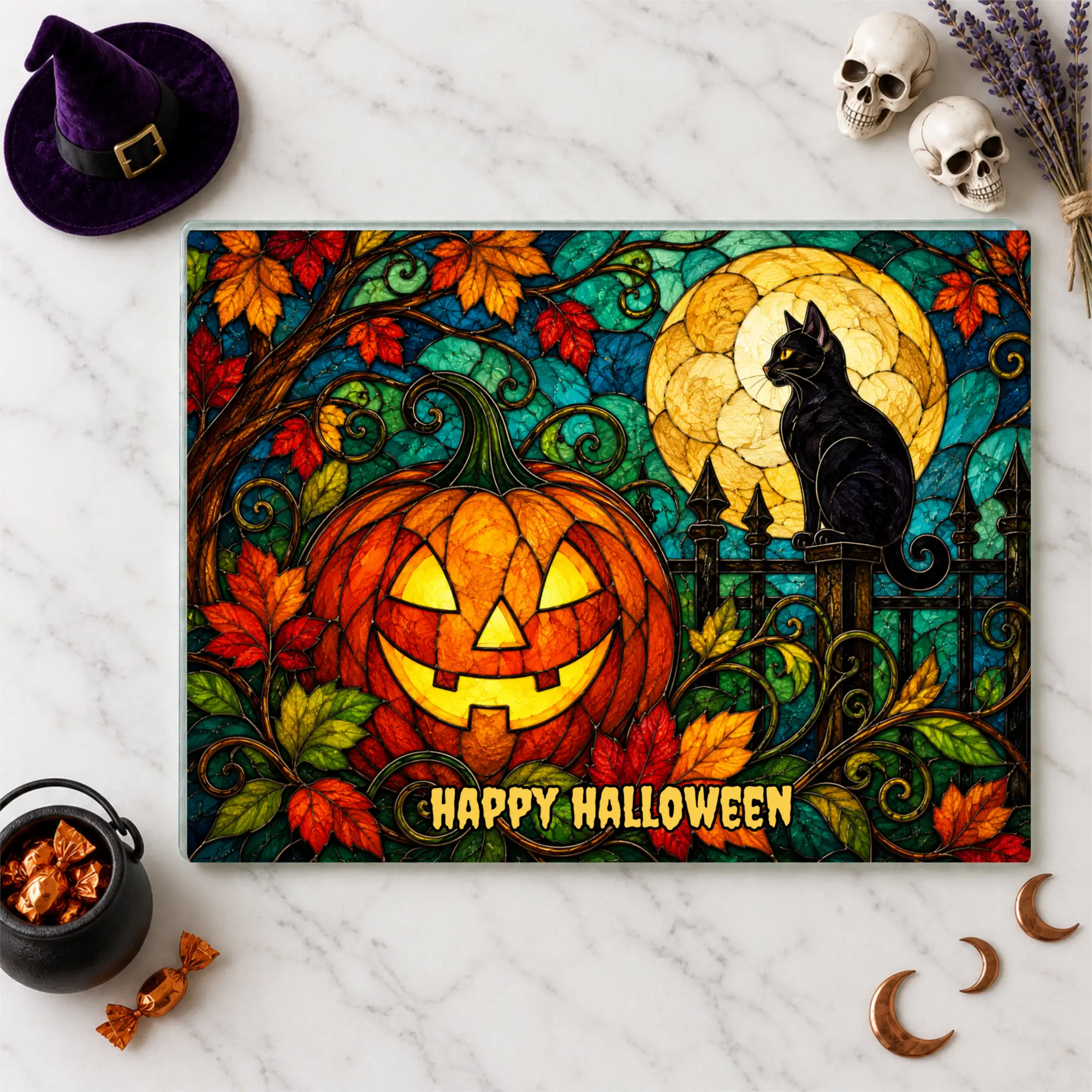 Halloween Black Cat and Jack-O-Lantern Personalized Glass Cutting Board, Spooky Pumpkin Kitchen Decor