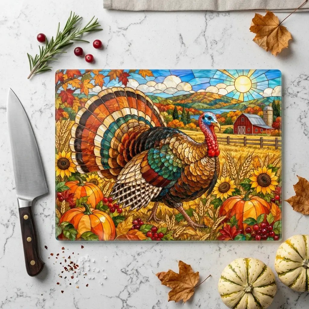 Thanksgiving Turkey Glass Cutting Board, Farmhouse Fall Kitchen Decor, Harvest Turkey Chopping Board, Autumn Hostess Gift