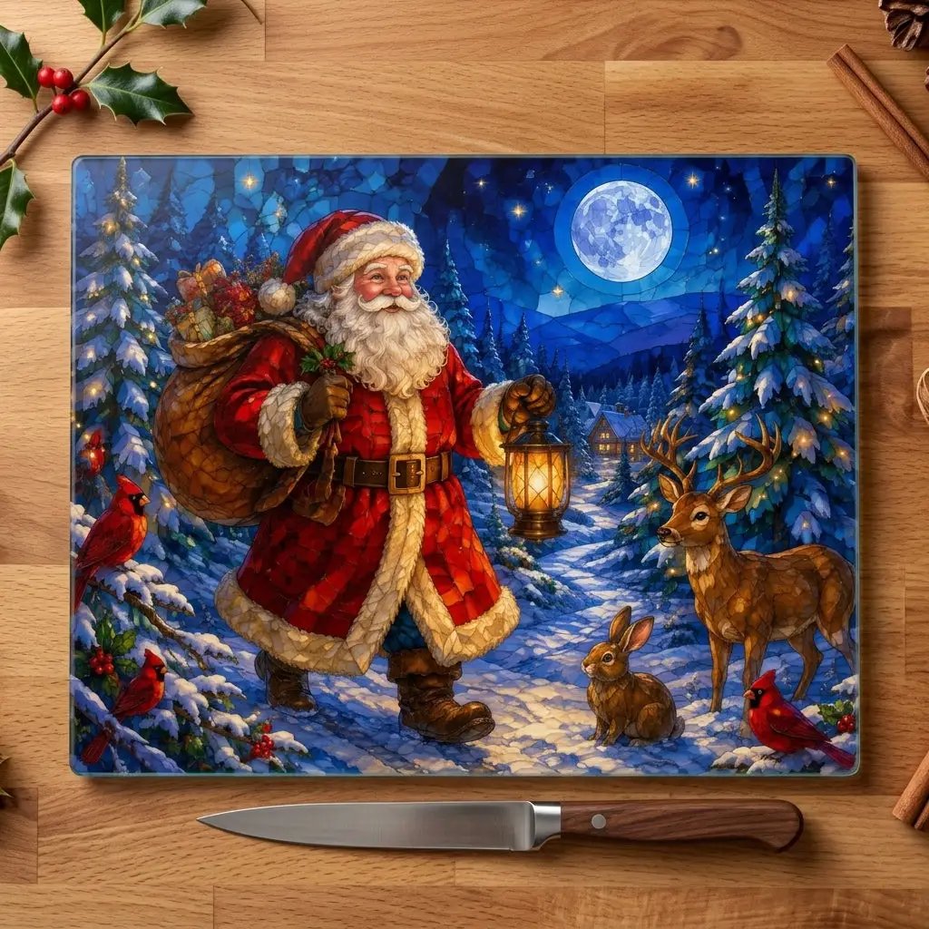 Santa Christmas Glass Cutting Board, Woodland Santa Kitchen Decor, Stained Glass Christmas Art, Cardinal Deer Holiday Gift