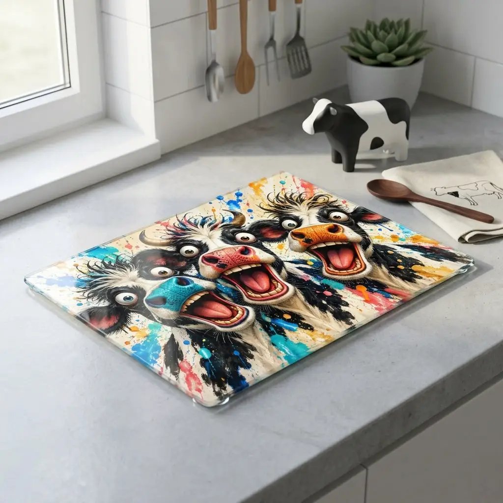 Funny Screaming Cow Glass Cutting Board, Colorful Cow Kitchen Decor, Cow Lover Gift, Funny Farmhouse Gift
