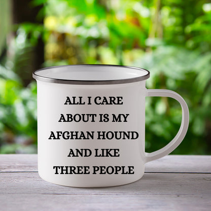 Afghan Hound Dog Lovers Christmas Unique Gift, Camping Mug with Funny Quote 'All I Care About Are My Afghan Hound And Like Three People', 12 oz Stainless Steel with Enamel Finish - Mallard Moon Gift Shop