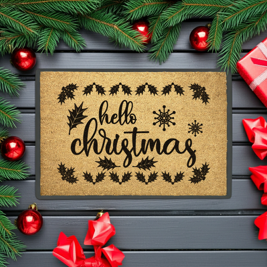Hello Christmas Holiday Doormat | Festive Coir Welcome Mat with Holly & Snowflake Design | Rustic Farmhouse Front Porch Décor