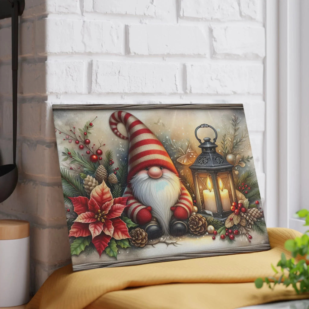 Christmas Gnome Glass Cutting Board — Festive Poinsettia & Lantern Kitchen Decor
