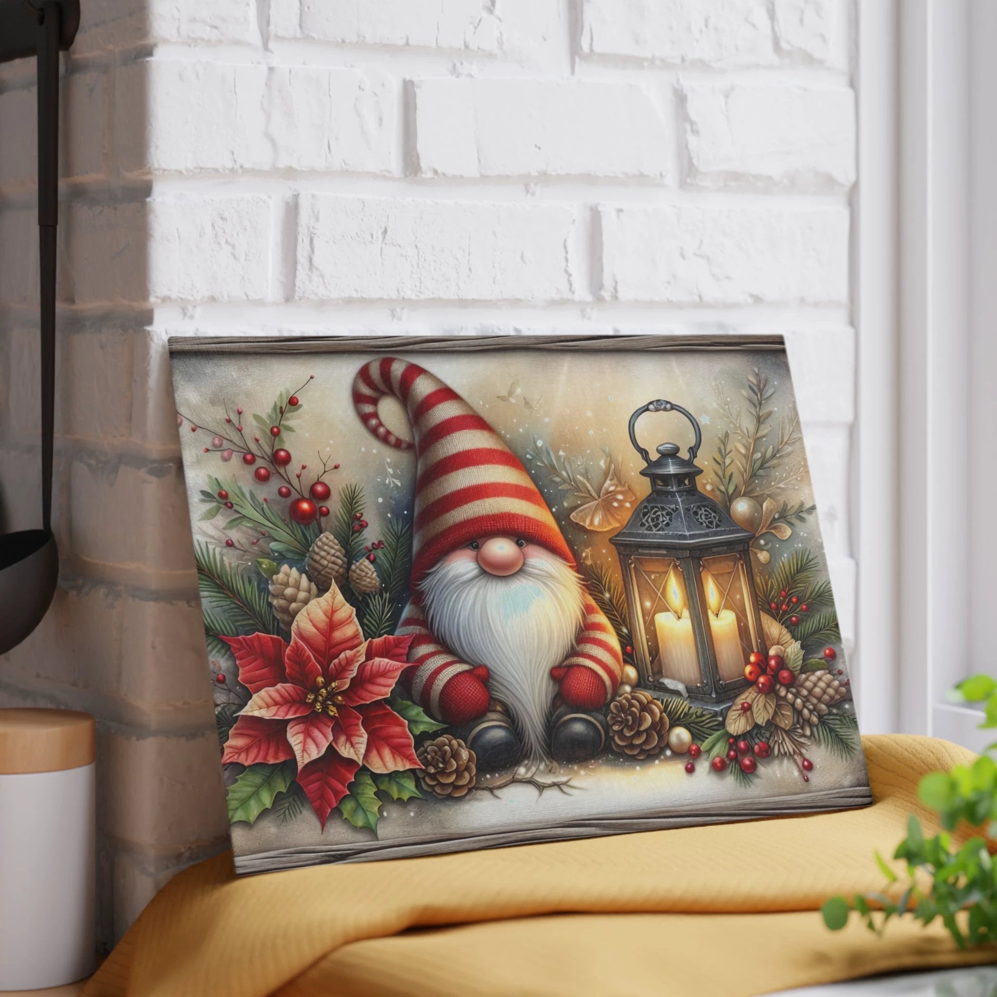 Christmas Gnome Glass Cutting Board — Festive Poinsettia & Lantern Kitchen Decor