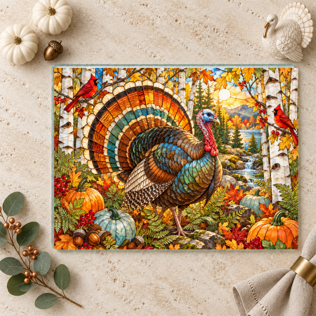 Thanksgiving Turkey Glass Cutting Board, Woodland Turkey Kitchen Decor, Fall Cardinal Birch Forest Cutting Board, Autumn Gift
