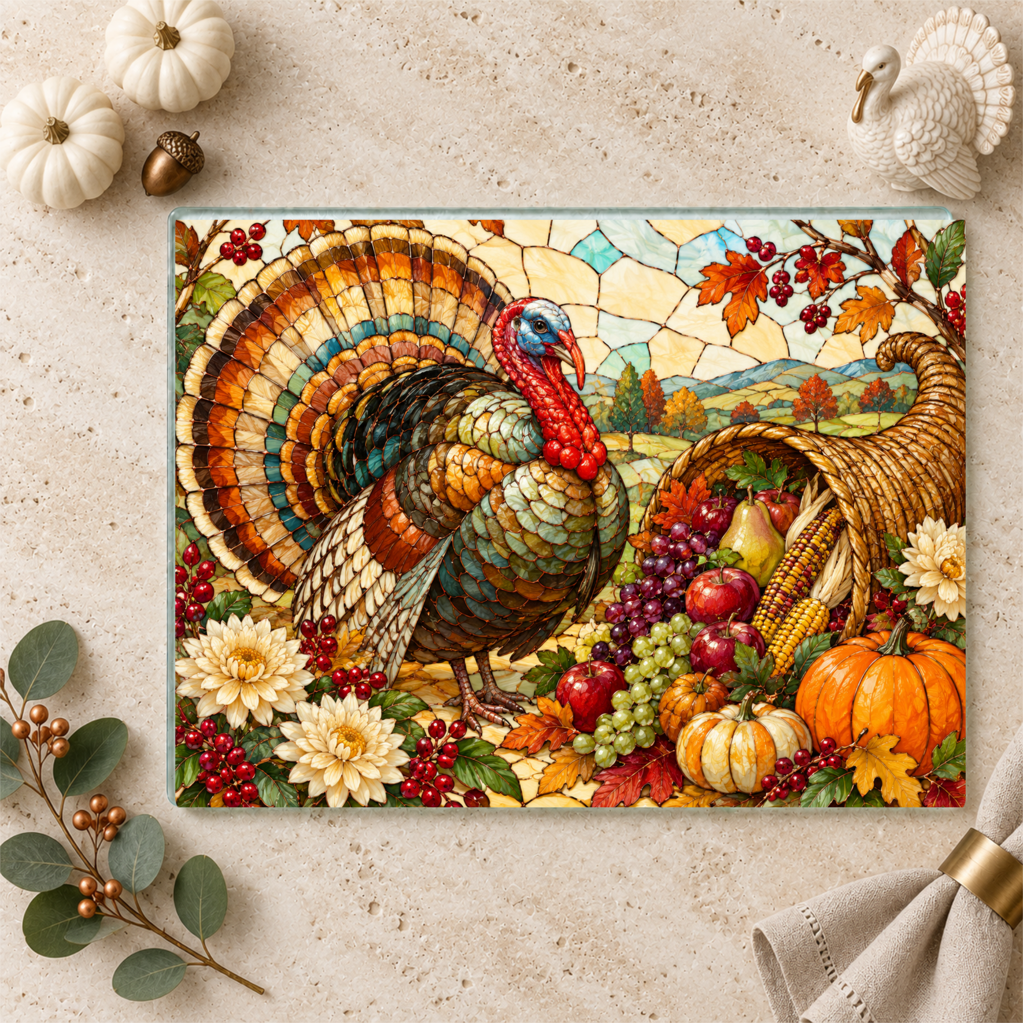 Thanksgiving Turkey Glass Cutting Board, Stained Glass Harvest Kitchen Decor, Fall Turkey Chopping Board, Country Thanksgiving Gift