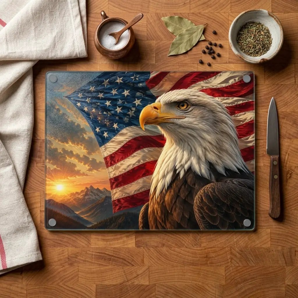 Patriotic Eagle Cutting Board, American Flag Glass Cutting Board, Bald Eagle Kitchen Decor, USA Patriotic Gift, Americana Home Decor