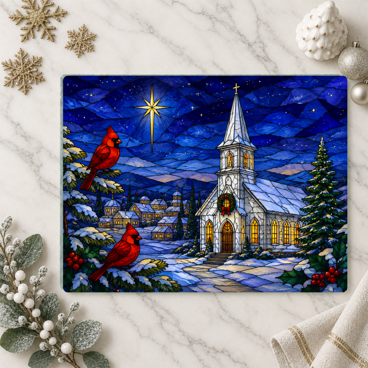 Christmas Church Glass Cutting Board, Cardinal Stained Glass Decor, Christian Christmas Kitchen Gift, Religious Holiday Decor