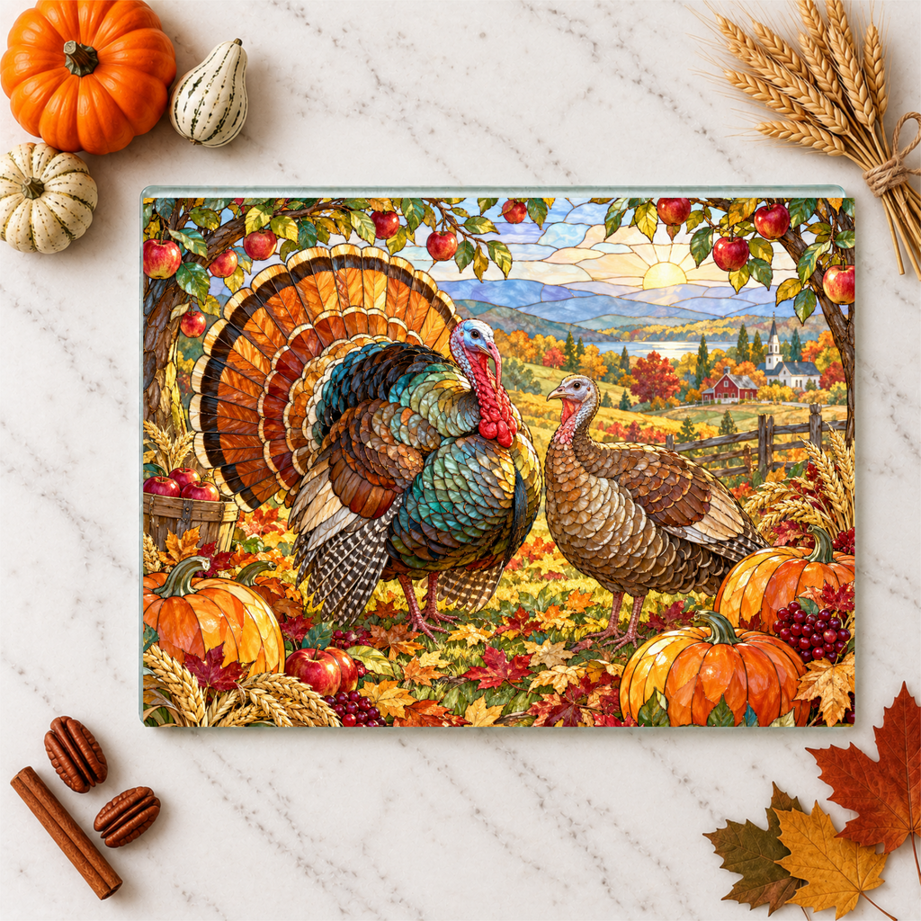Thanksgiving Turkey Glass Cutting Board, Stained Glass Turkey Kitchen Decor, Fall Harvest Chopping Board, Thanksgiving Gift