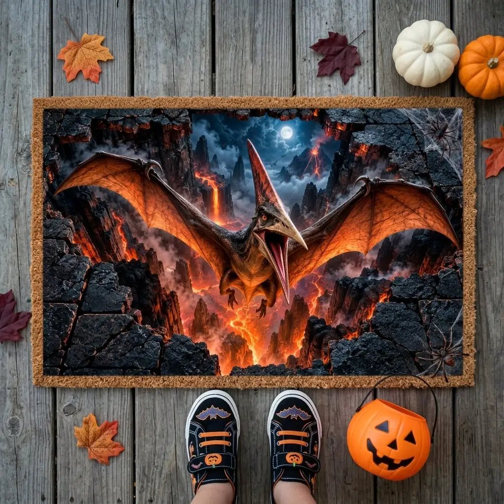 Pterodactyl 3D Optical Illusion Doormat, Volcanic Chasm Dinosaur Floor Mat, Prehistoric Flying Reptile Door Mat, Dino Gift