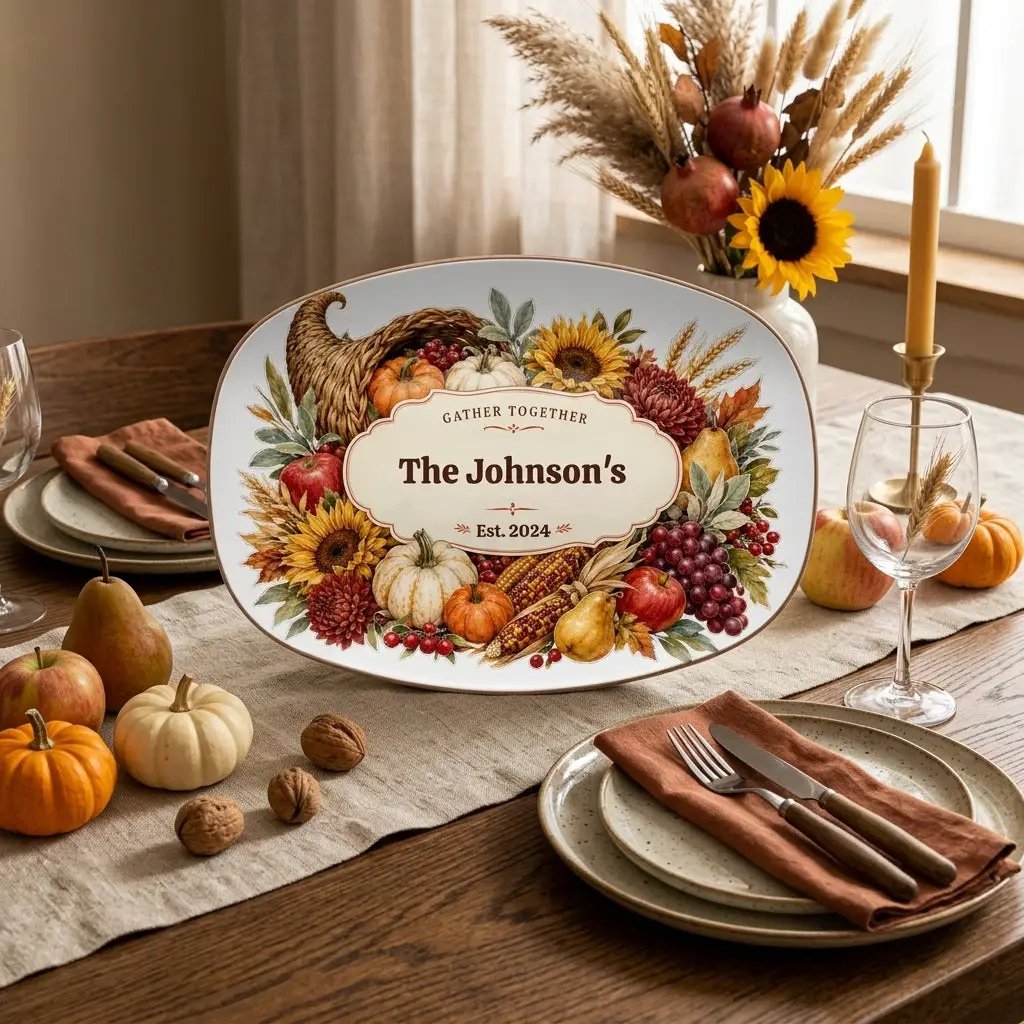 Personalized Fall Platter, Custom Family Name Serving Platter, Harvest Thanksgiving Tray, Autumn Hostess Gift, Housewarming Gift