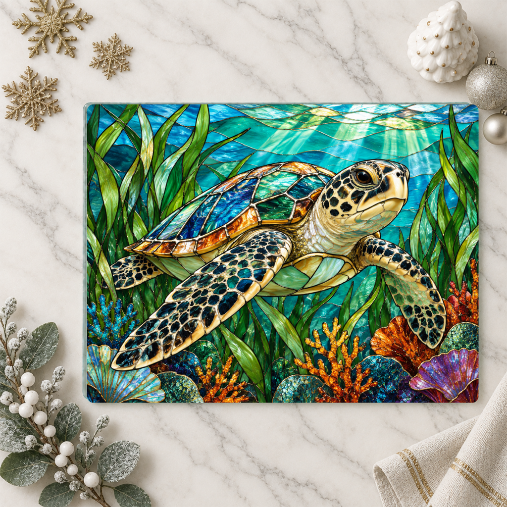 Sea Turtle Glass Cutting Board, Ocean Kitchen Decor, Marine Life Chopping Board, Coastal Cooking Gift, Underwater Turtle Artwork, Coral Reef