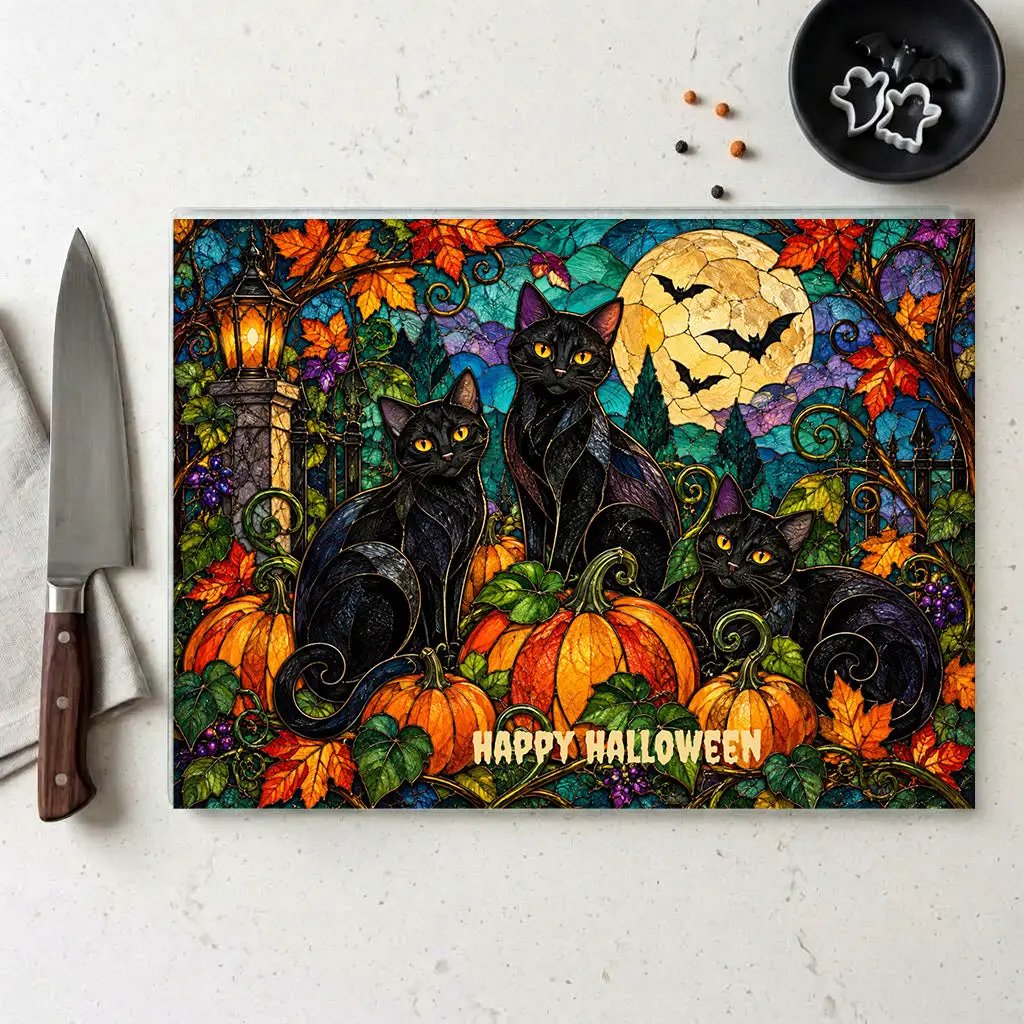 Halloween Black Cats Personalized Glass Cutting Board, Spooky Pumpkin Kitchen Decor
