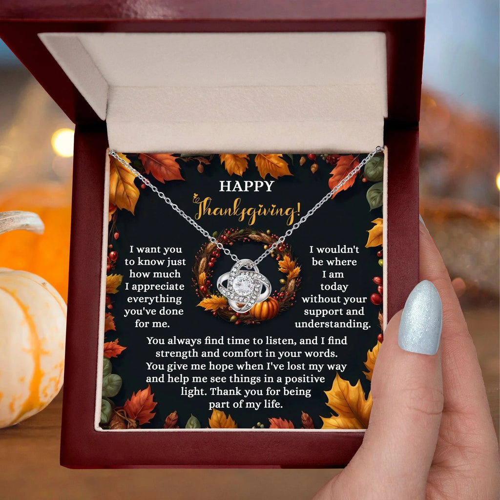 Happy Thanksgiving Love Knot Necklace Gift | Appreciation Message Card for Someone Special | Heartfelt Fall Holiday Jewelry Gift