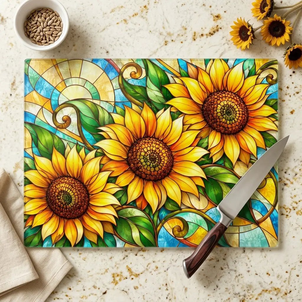 Sunflower Glass Cutting Board, Stained Glass Floral Kitchen Decor, Art Nouveau Sunflower Board, Yellow Flower Gift, Colorful Kitchen Art