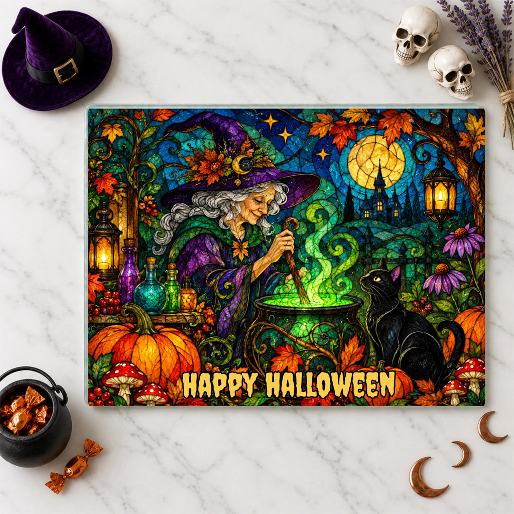 Halloween Witch Cauldron Personalized Glass Cutting Board, Spooky Black Cat Kitchen Decor