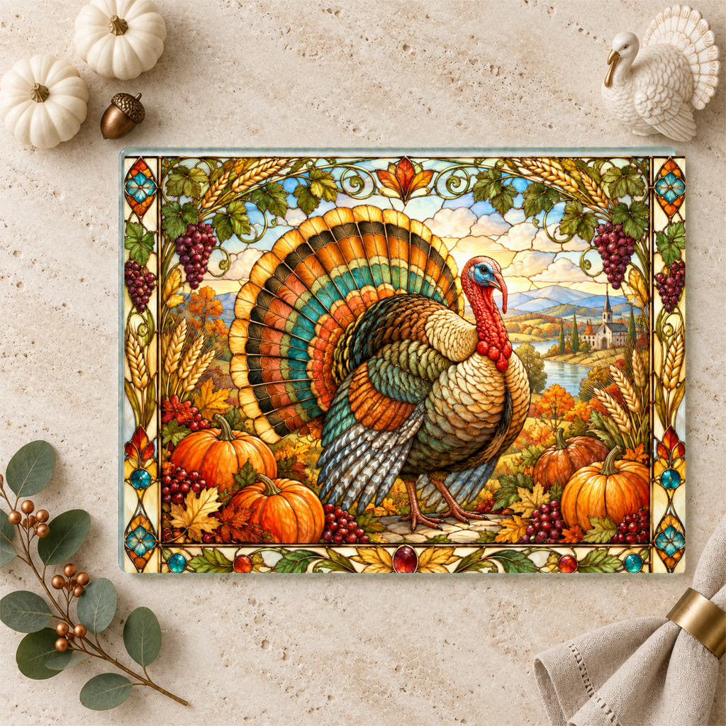 Thanksgiving Turkey Glass Cutting Board, Stained Glass Harvest Kitchen Decor, Fall Turkey Chopping Board, Country Thanksgiving Gift