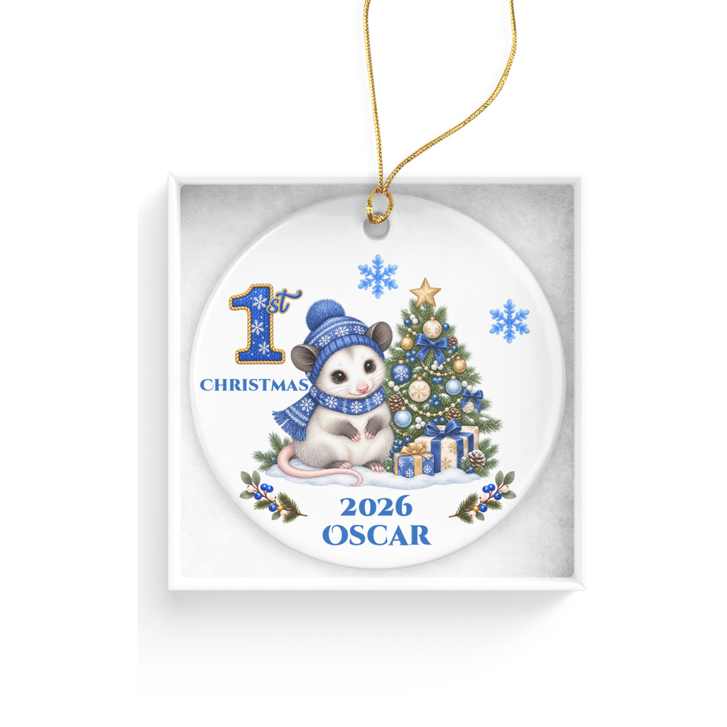 Opossum Baby Personalized Christmas Ornament, Baby's 1st 2nd 3rd Christmas, Custom Name Year Ceramic Keepsake, Boy Gift