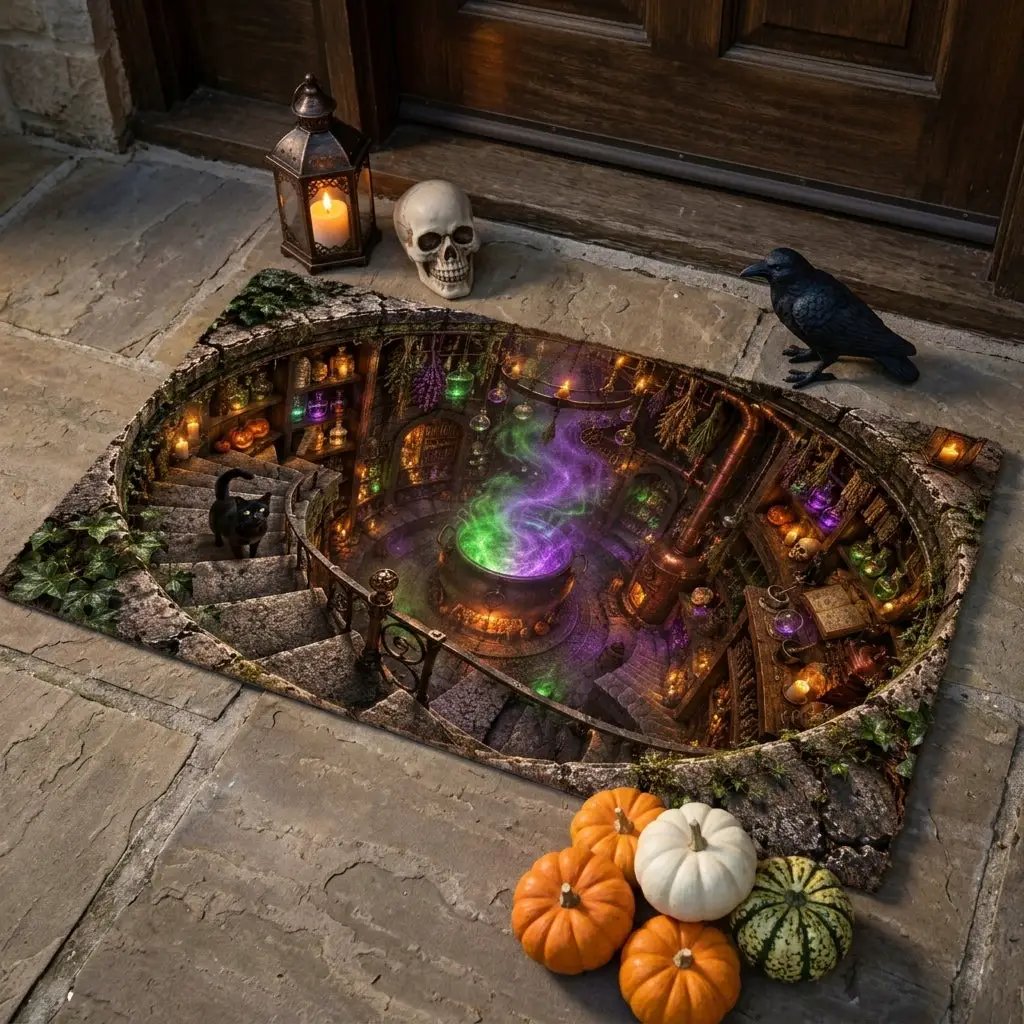 Witch Cauldron Halloween Doormat, 3D Witch Stairwell Illusion Door Mat, Black Cat Spooky Welcome Mat, Witchy Halloween Decor