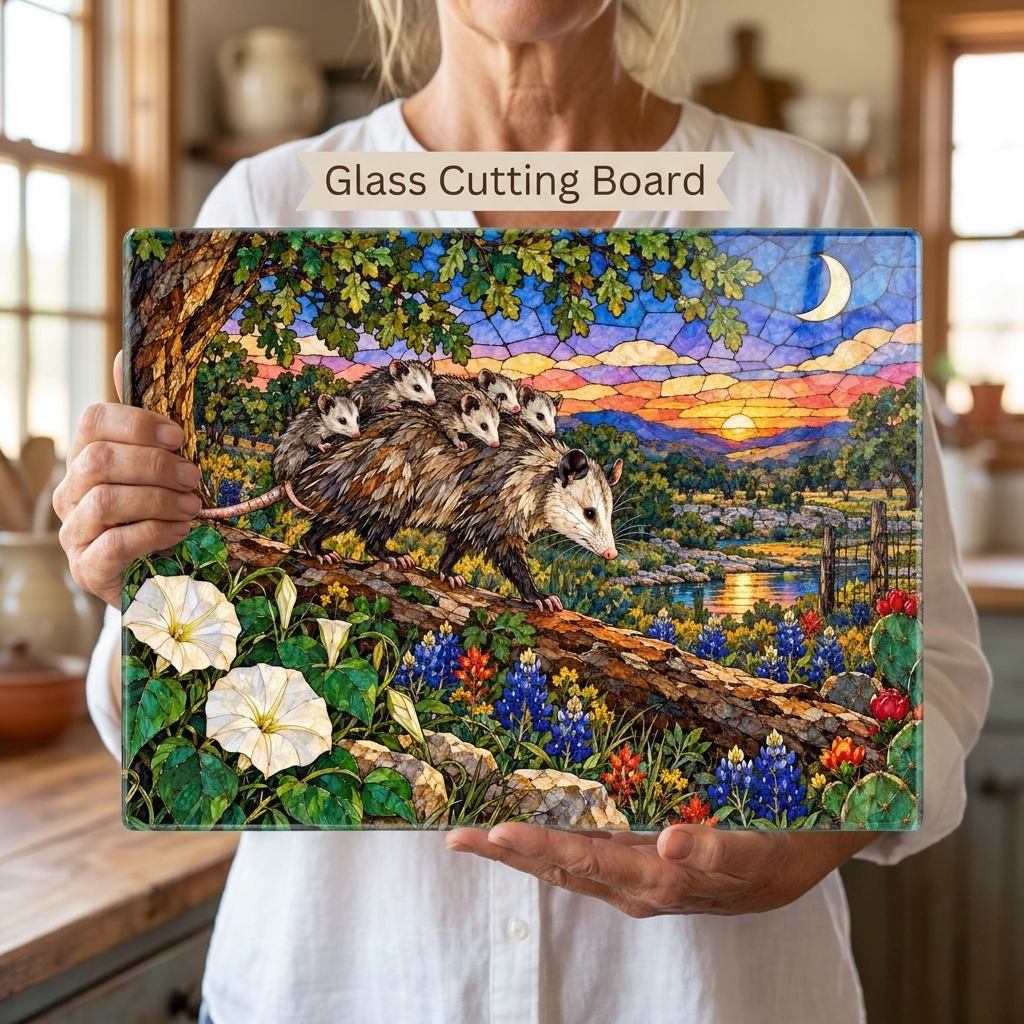 Possum Family Glass Cutting Board, Opossum Mom and Babies Gift, Texas Wildlife Kitchen Decor, Possum Lover Gift, Country Kitchen Art