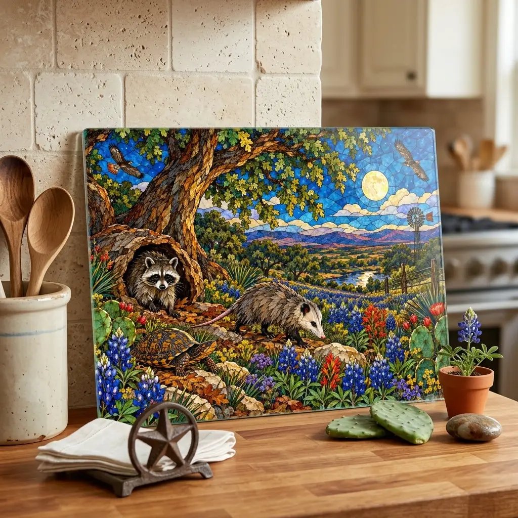 Raccoon and Possum Glass Cutting Board, Texas Wildlife Kitchen Decor, Opossum Raccoon Gift, Bluebonnet Country Cutting Board