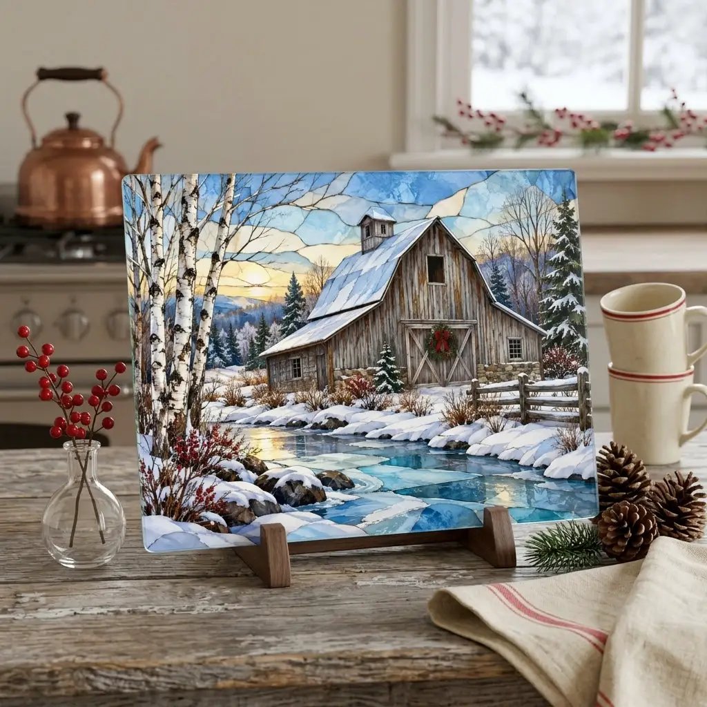 Country Winter Barn Glass Cutting Board, Snowy Farmhouse Kitchen Decor, Rustic Christmas Gift, Winter Barn Kitchen Board