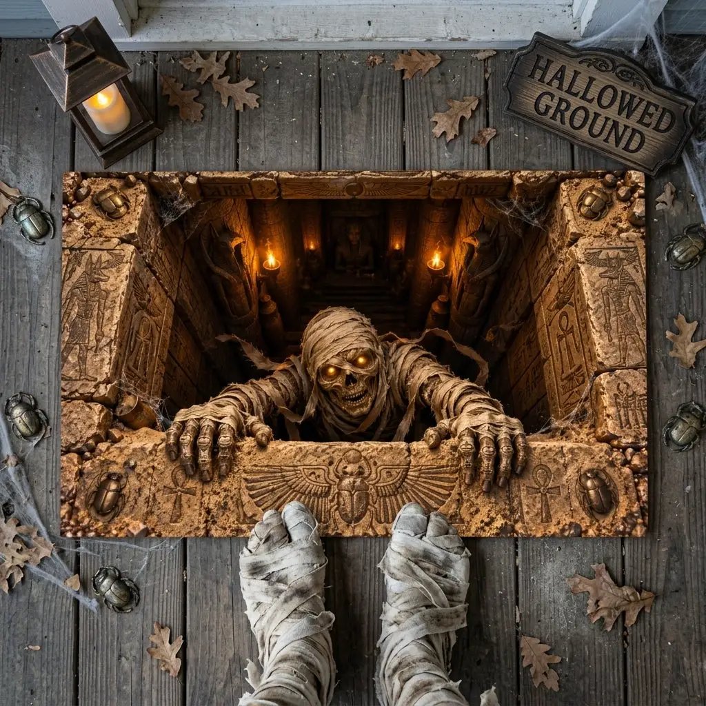 Mummy Halloween Doormat, 3D Egyptian Tomb Optical Illusion Mat, Creepy Mummy Door Mat, Haunted Halloween Porch Decor