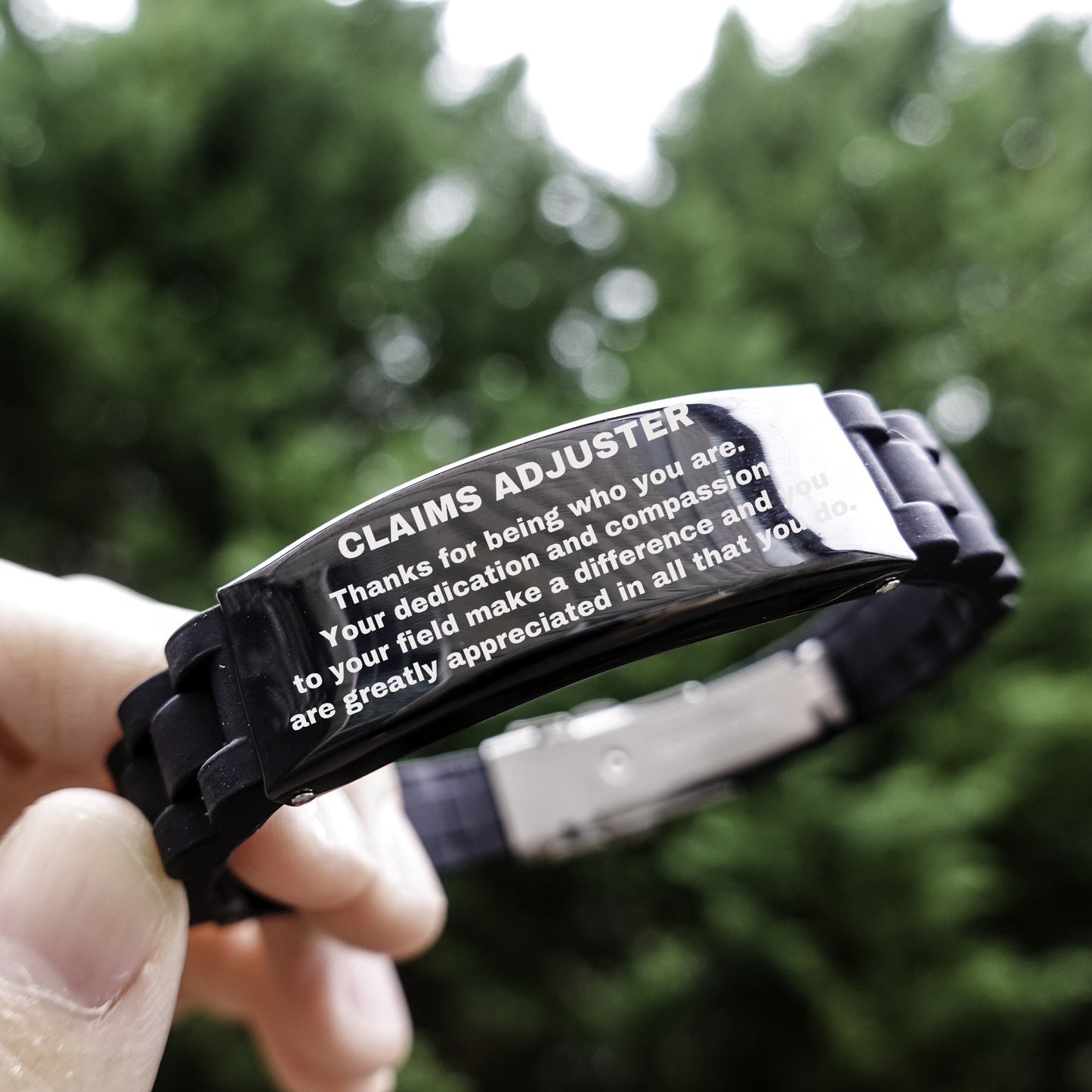 Claims Adjuster  Glidelock Bracelet – Engraved Black Stainless Steel and Silicone Wristband Gift for Claims Adjusters – Appreciation Gift for Him or Her - Mallard Moon Gift Shop