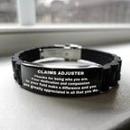Claims Adjuster Glidelock Bracelet – Engraved Black Stainless Steel and Silicone Wristband Gift for Claims Adjusters – Appreciation Gift for Him or Her
