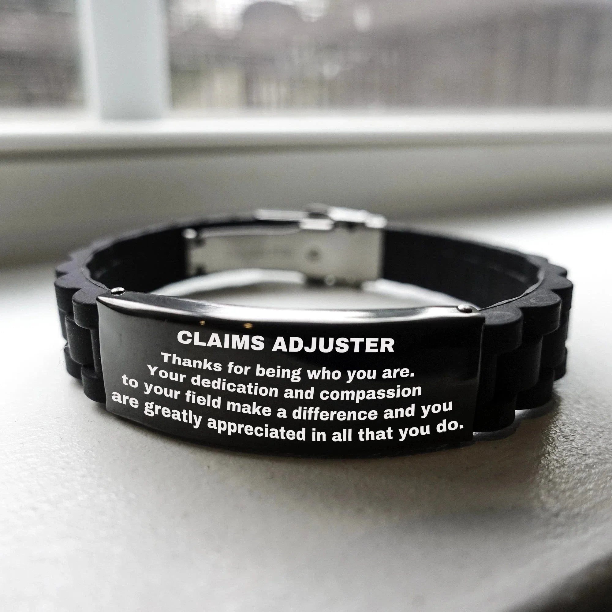 Claims Adjuster Glidelock Bracelet – Engraved Black Stainless Steel and Silicone Wristband Gift for Claims Adjusters – Appreciation Gift for Him or Her