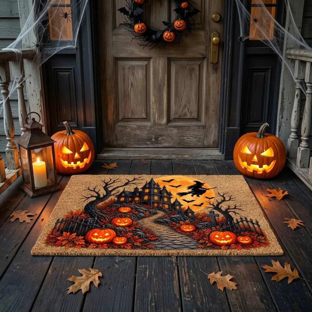 Haunted House Doormat, Halloween Witch Welcome Mat, Spooky Mansion Coir Doormat, Jack O Lantern Door Mat, Gothic Halloween Porch Decor