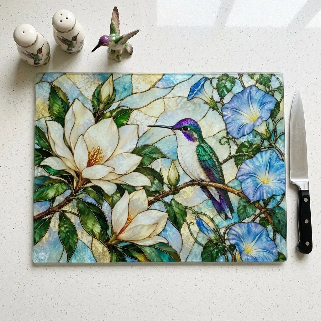 Hummingbird Cutting Board, Stained Glass Bird Decor, Magnolia Flower Kitchen Decor, Morning Glory Gift, Nature Lover Gift