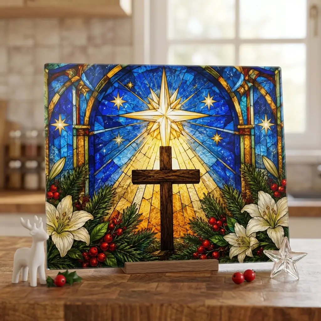 Christian Cross Glass Cutting Board, Stained Glass Christmas Decor, Religious Kitchen Gift, Star of Bethlehem Christian Gift